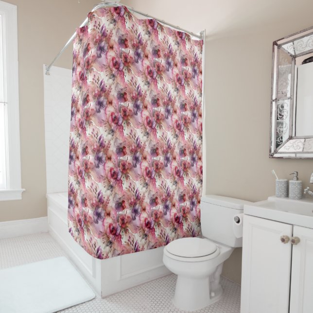 Pink & Purple Flower Alcohol Ink Print Shower Curtain (In Situ)