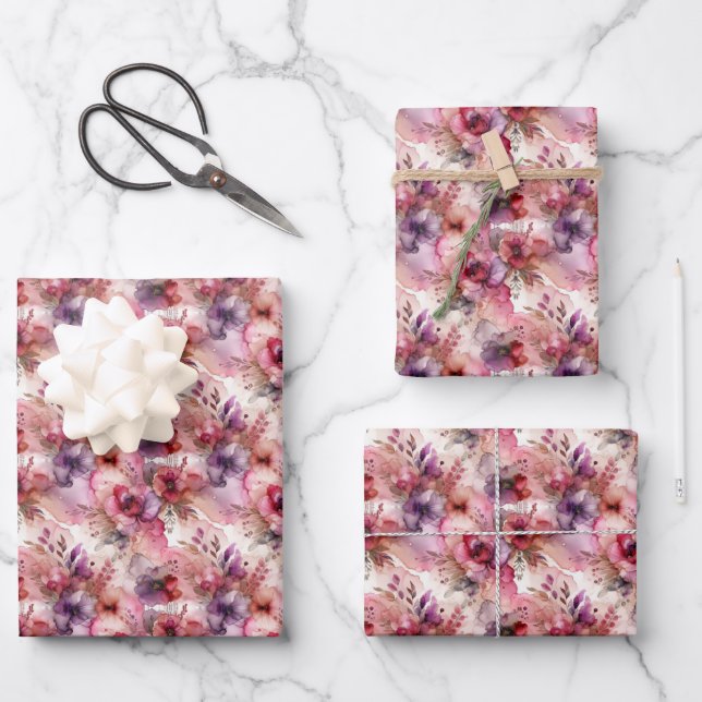 Pink & Purple Flower Alcohol Ink Small Print Wrapping Paper Sheet (Front)