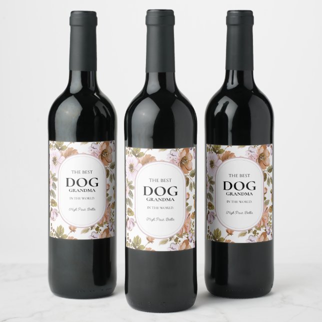 Pink Purple  Flower Best Dog Grandma Botanical Wine Label (Bottles)