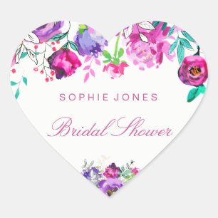 Pink Purple Flower Bridal Shower LoveHeart Sticker