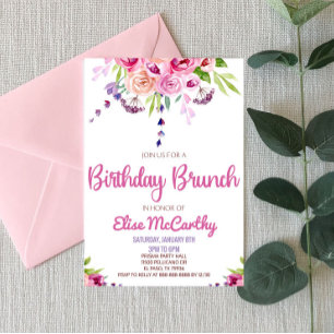 Pink Purple Flower Floral Birthday Brunch Party Invitation