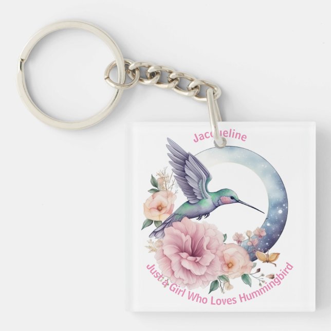 Pink Purple Flower Hummingbird Personalised Name Key Ring (Front)