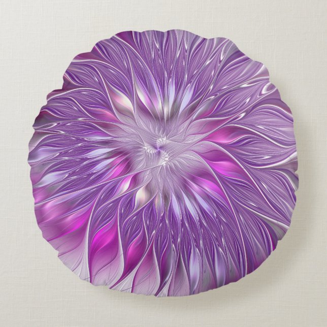 Pink Purple Flower Passion Abstract Fractal Art Round Cushion (Front)