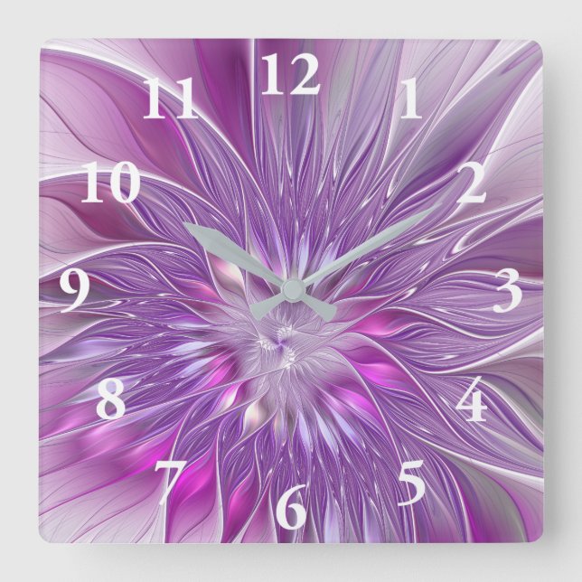 Pink Purple Flower Passion Abstract Fractal Art Square Wall Clock (Front)
