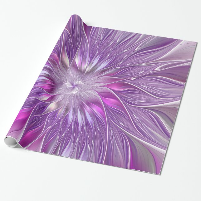Pink Purple Flower Passion Abstract Fractal Art Wrapping Paper (Unrolled)