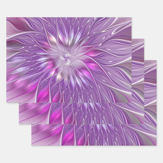 Pink Purple Flower Passion Abstract Fractal Art Wrapping Paper Sheet (Set)