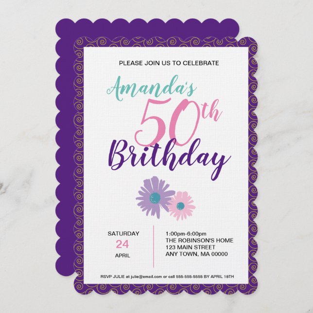Pink & Purple Flower & Spirals Birthday Invitation (Front/Back)