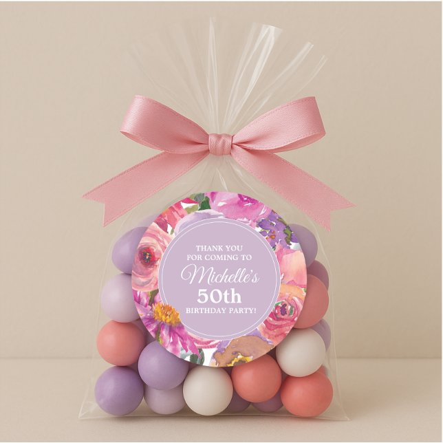 Pink Purple Flowers 50th Birthday Party Thank You Classic Round Sticker (Pink and purple watercolor floral 50th birthday party thank you sticker)