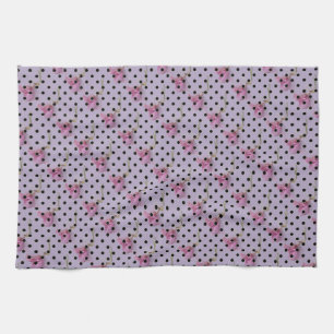 Pink purple flowers and black polka dots tea towel