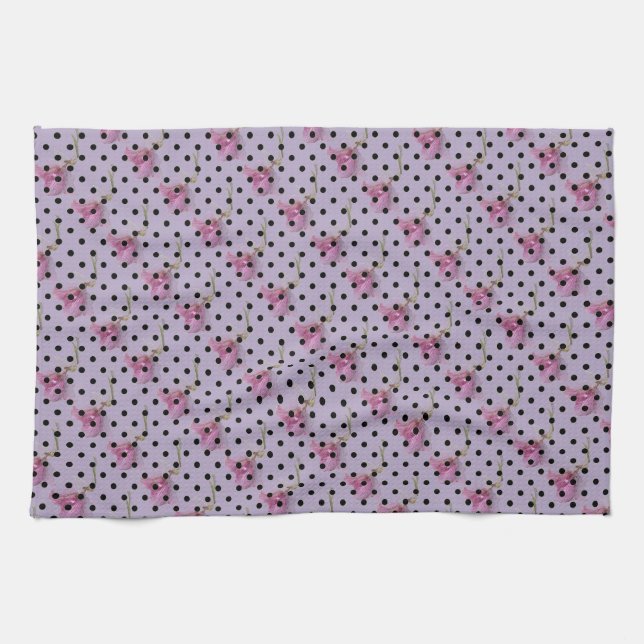Pink purple flowers and black polka dots tea towel (Horizontal)