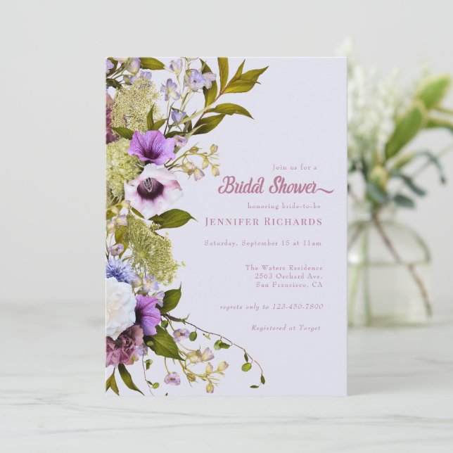 Pink Purple Flowers |  Bloom Bridal Shower Invitation (Standing Front)