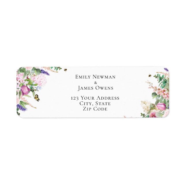 Pink Purple Flowers & Butterflies Address  Return Address Label (Front)