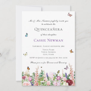 Pink Purple Flowers & Butterflies   Quinceañera Invitation