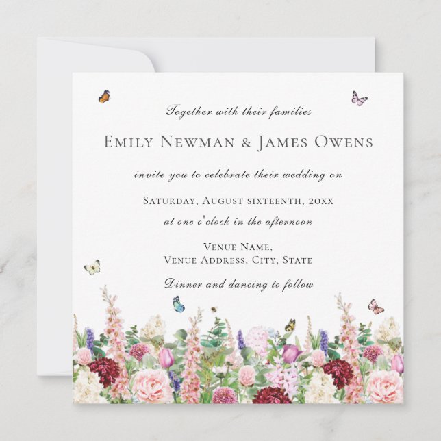 Pink Purple Flowers Butterflies | Square Wedding Invitation (Front)