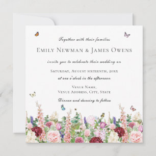 Pink Purple Flowers Butterflies   Square Wedding Invitation