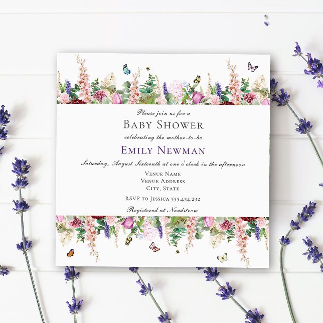 Pink Purple Flowers Butterfly  Square Baby Shower  Invitation (Creator Uploaded)
