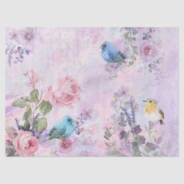 Pink Purple Flowers Decoupage Script Pretty Birds Tissue Paper (Front)