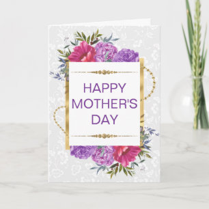 Pink Purple Flowers & Gold Glitter Mother's Day Card