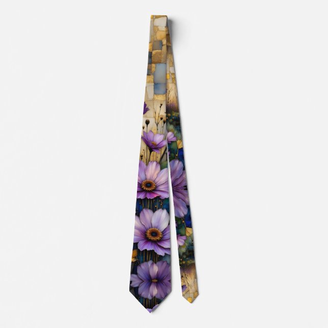 Pink purple flowers golden patchwork tie (Front)