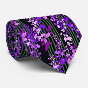 PINK PURPLE FLOWERS,GREEN BLACK STRIPES Floral  Tie