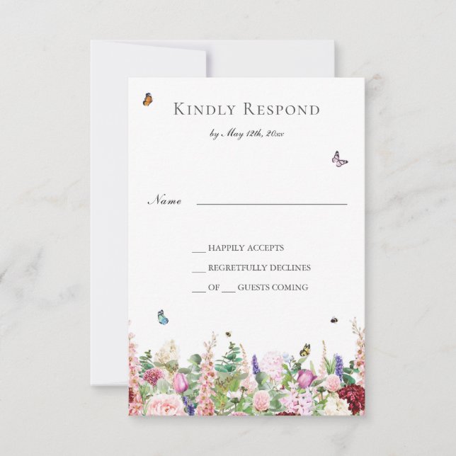 Pink Purple Flowers with Butterflies RSVP Card (Front)