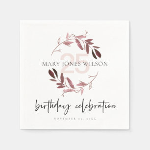 PINK PURPLE FOLIAGE WREATH ANY AGE 25TH  BIRTHDAY NAPKIN