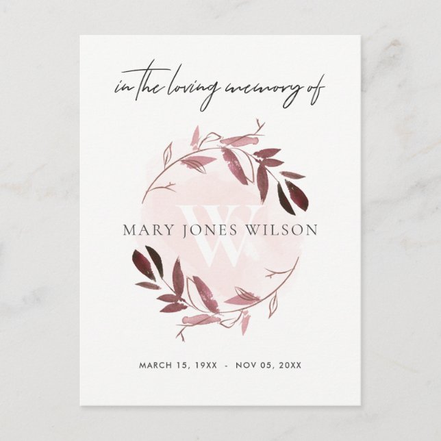 PINK PURPLE FOLIAGE WREATH MEMORIAL THANK YOU INVITATION POSTCARD (Front)