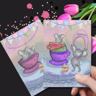 Pink & Purple Funny Cool Mice Custom Birthday Card