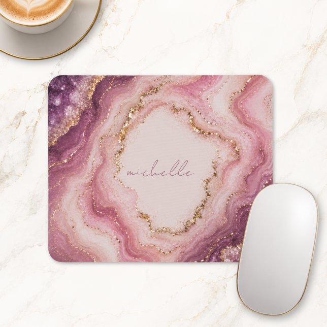 Pink Purple Geode Marble Gold Personalised Name Mouse Pad (Pink Purple Geode Marble Gold Personalized Name Mouse Pad)