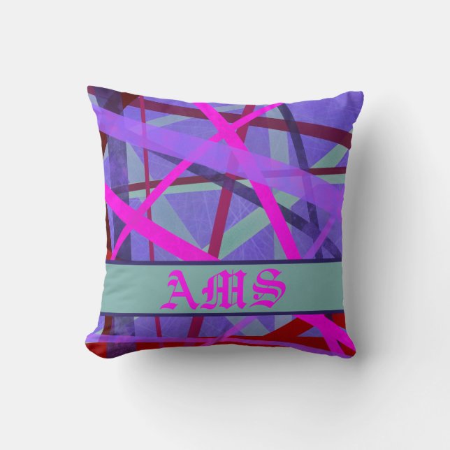 Pink & Purple Geometric Lines Pattern Monogram Cushion (Front)