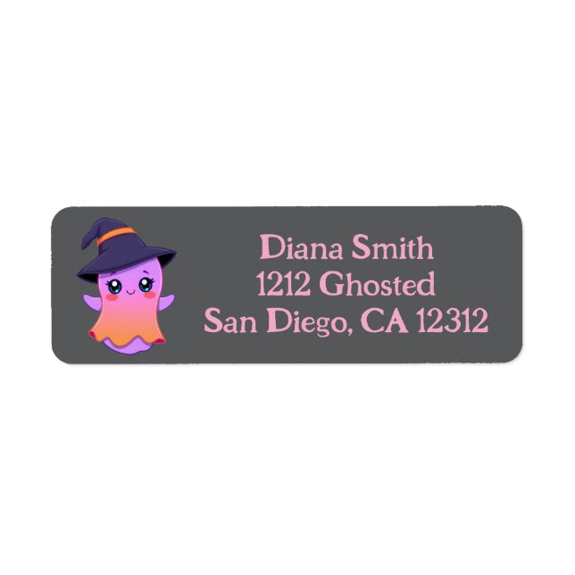 Pink Purple Ghost Wearing Witchhat Return Address Label (Front)