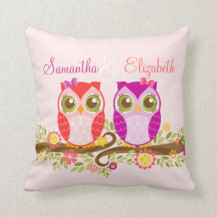 Pink & Purple Girl Owls - Custom Throw Pillow