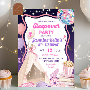 Pink Purple Girl Sleepover Birthday Invitation