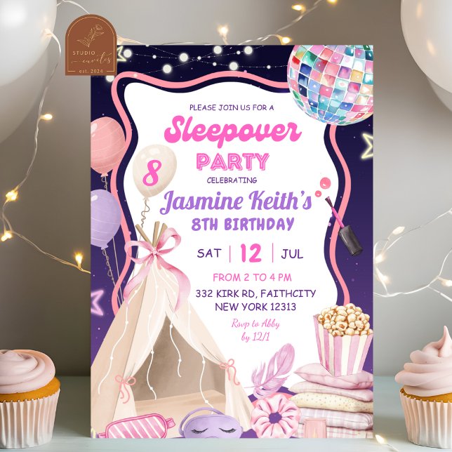Pink Purple Girl Sleepover Birthday Invitation (Creator Uploaded)