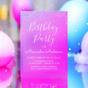 Pink Purple Girly Glitter Sparkle Any Age Birthday Invitation