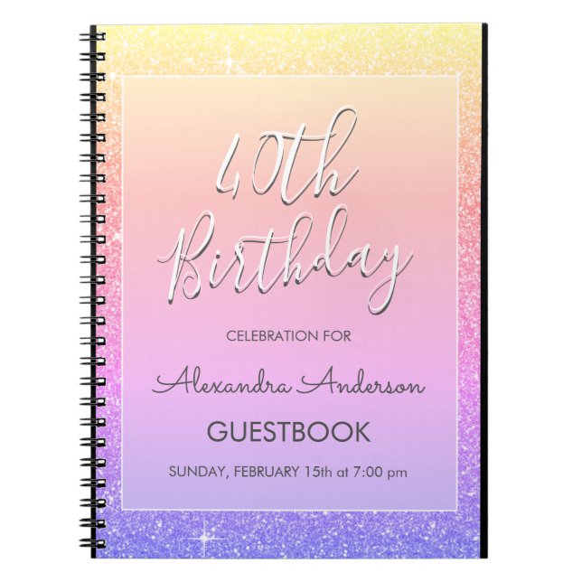 Pink Purple Glitter 40th Birthday Guestbook Notebook (Front)