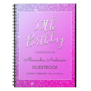 Pink Purple Glitter 50th Birthday Guestbook Notebook