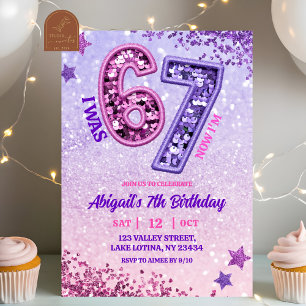 Pink Purple Glitter 67 Birthday Party Invitation