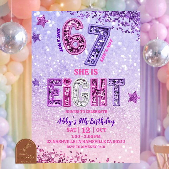 Pink Purple Glitter 67 Girl 8th Birthday PartY Invitation (Creator Uploaded)