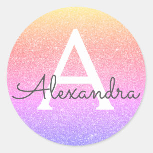 Pink - Purple Glitter and Sparkle Monogram Classic Round Sticker
