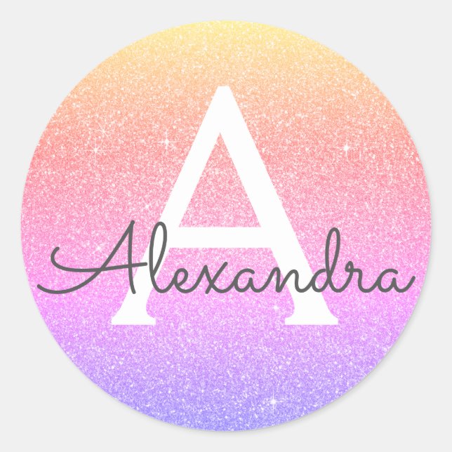 Pink - Purple Glitter and Sparkle Monogram Classic Round Sticker (Front)