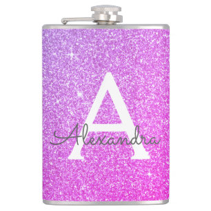Pink Purple Glitter and Sparkle Monogram Hip Flask