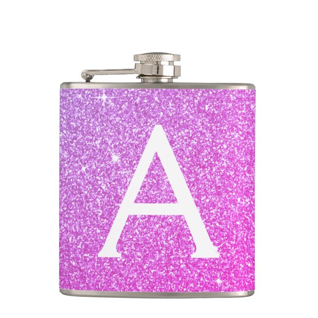 Pink Purple Glitter and Sparkle Monogram Hip Flask (Front)