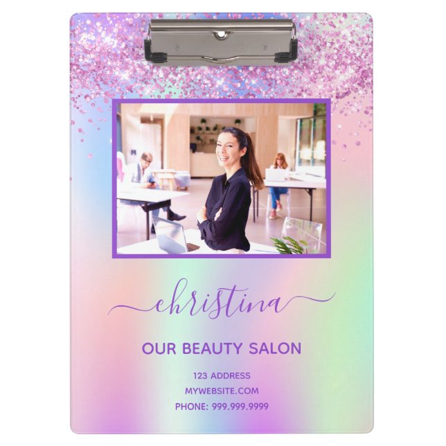 Pink purple glitter beauty salon photo business clipboard (Front)