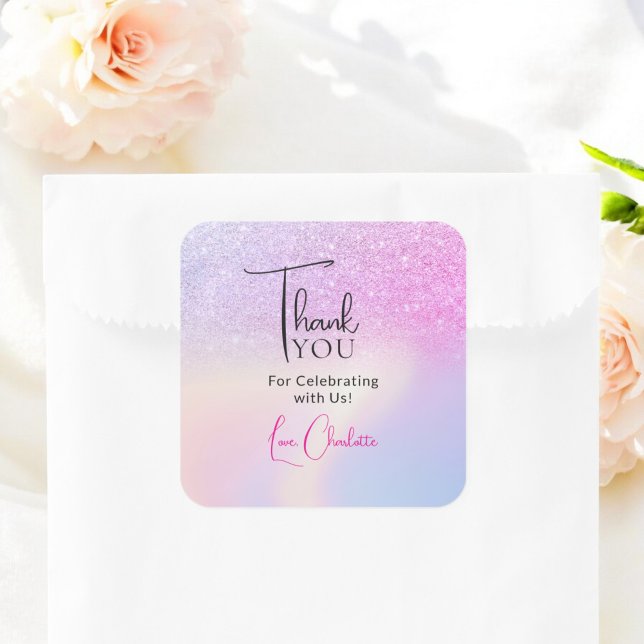 Pink Purple Glitter Bridal Shower Favour Thank You Square Sticker (Pink Purple Glitter Bridal Shower Favor Thank You Square Sticker)
