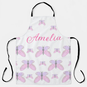 Pink purple glitter butterfly add name text letter apron