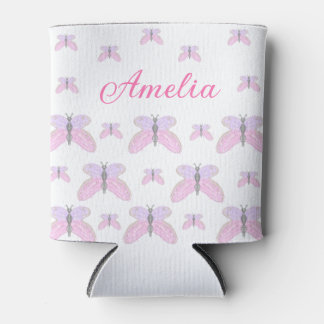 Pink purple glitter butterfly add name text letter can cooler