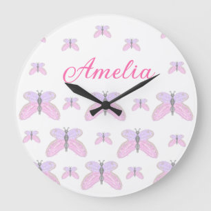 Pink purple glitter butterfly add name text letter large clock