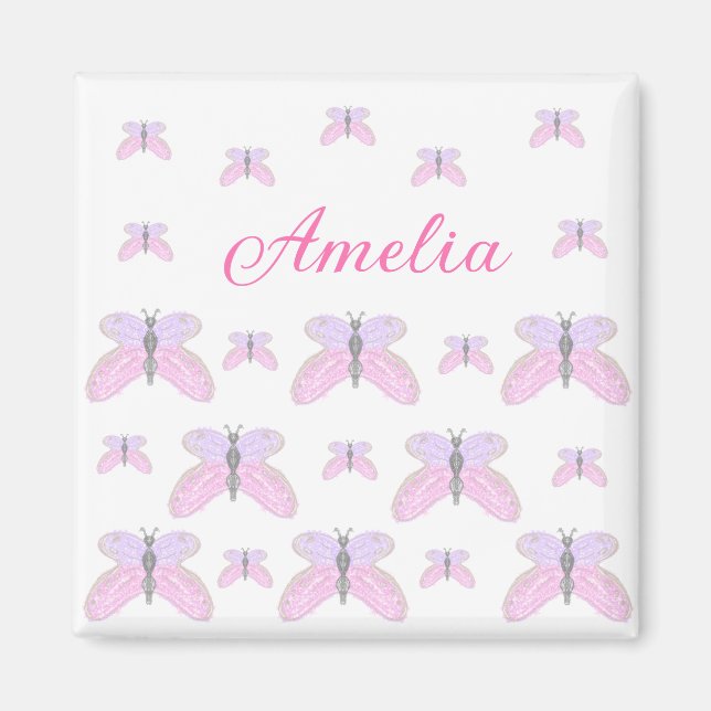 Pink purple glitter butterfly add name text letter magnet (Front)
