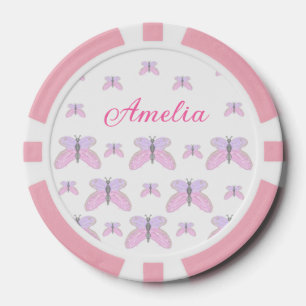 Pink purple glitter butterfly add name text letter poker chips